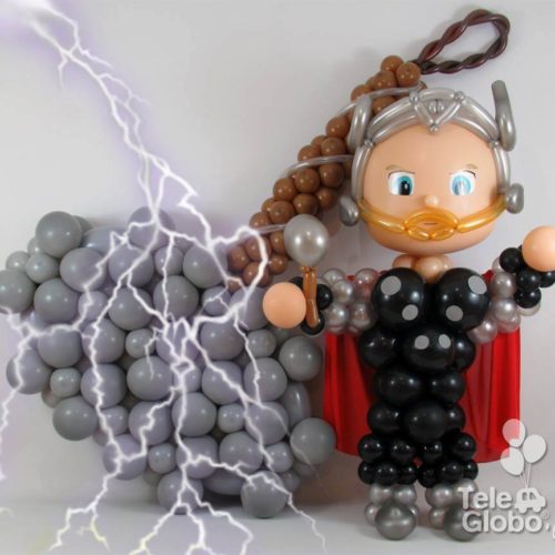 Escultura Thor y su martillo de globos